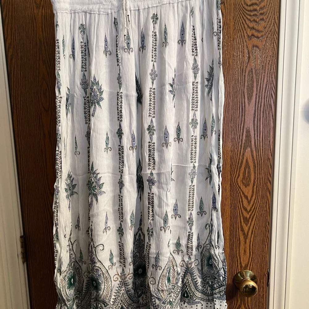 White and Gray Smocked A-Line Midi Skirt